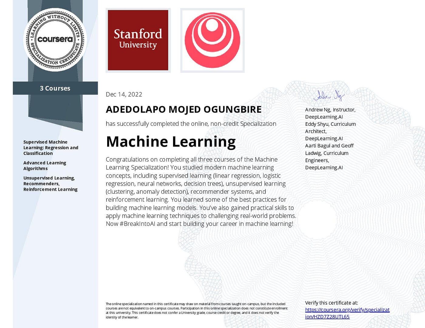 Machine Learning Specialization — DeepLearning.AI + Stanford (Coursera)
